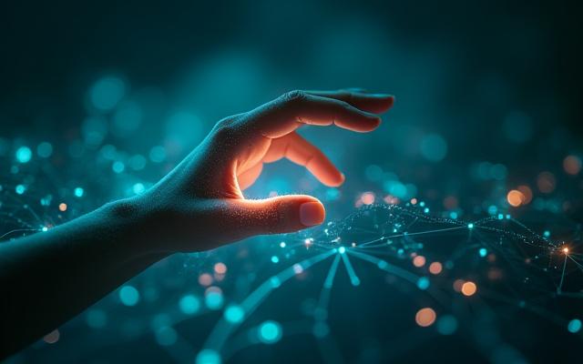 Une main humaine interagit avec un réseau de lignes lumineuses formant des motifs géométriques complexes, symbolisant l'intersection de l'art et de la technologie.