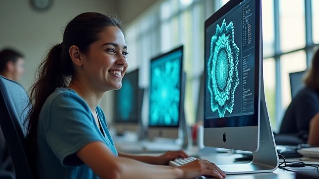 Une personne souriante travaillant sur un ordinateur, créant de l'art assisté par ordinateur dans un atelier moderne.
